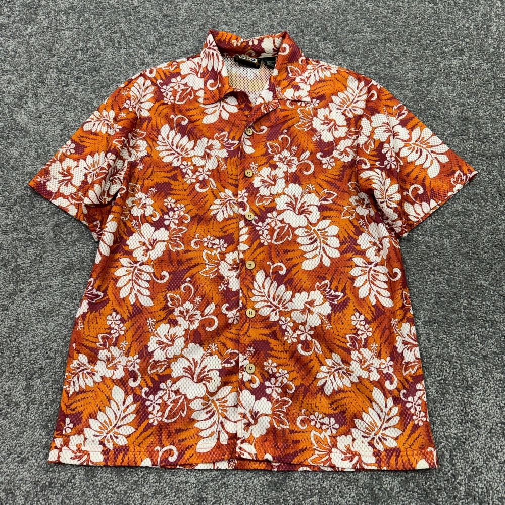ODO Shirt Mens Medium Orange White Hawaiian Short Sleeve Button Beach Summer